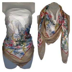 Silky Scarf Bandeau Top Neck Floral Flower Tan White
